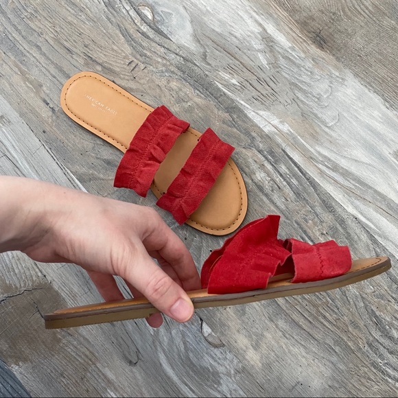 American Eagle Flat Sandals Red Suede two Straps 8 - Picture 3 of 5